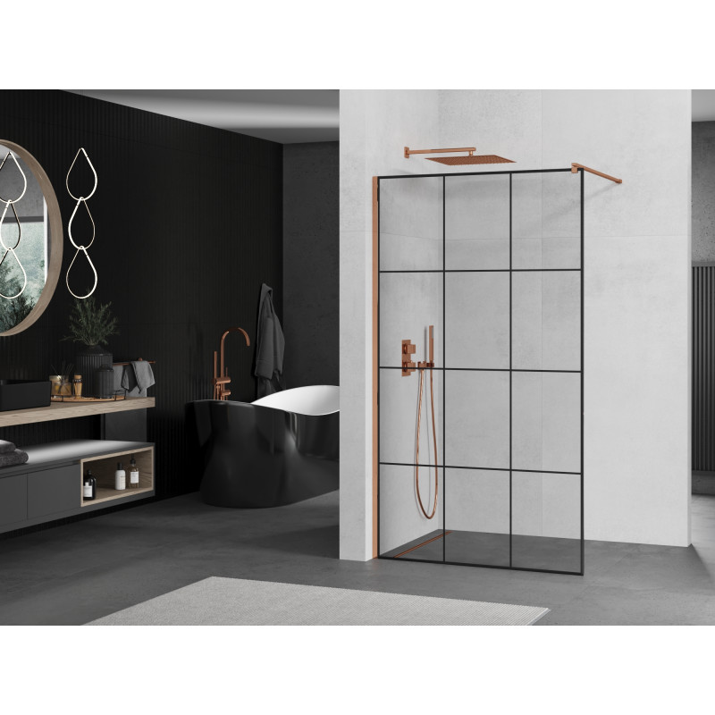 Mexen Kioto inloopdouchewand 100 x 200 cm, zwart raster 8 mm, roze goud - 800-100-101-60-77