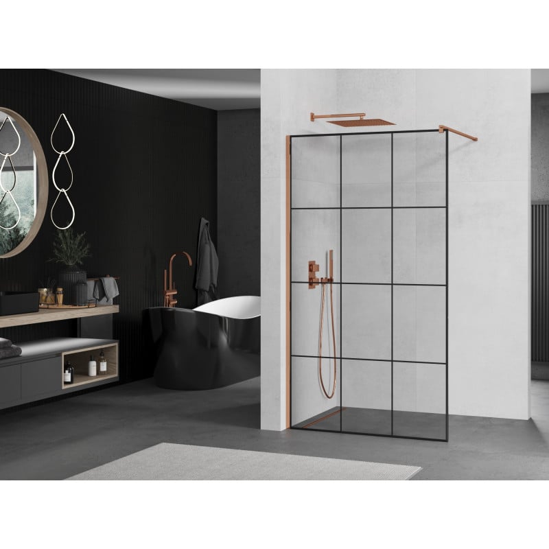 Mexen Kioto mampara de ducha Walk-in 100 x 200 cm, cuadrícula negra 8 mm, oro rosado - 800-100-101-60-77