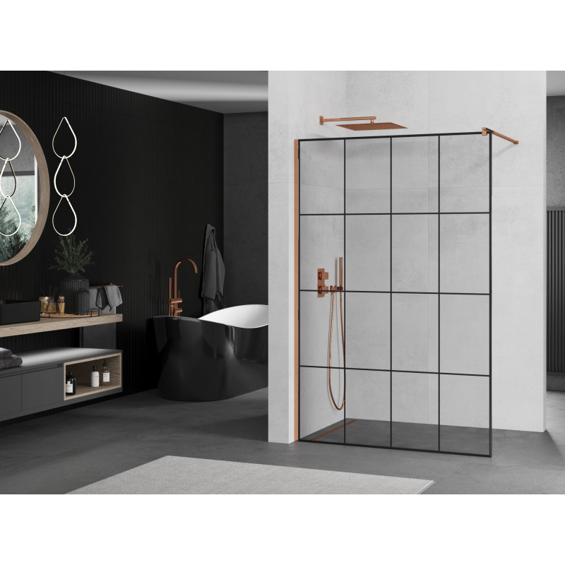Mexen Kioto Walk-in-Duschwand 130 x 200 cm, schwarzes Gitter 8 mm, roségold - 800-130-101-60-77