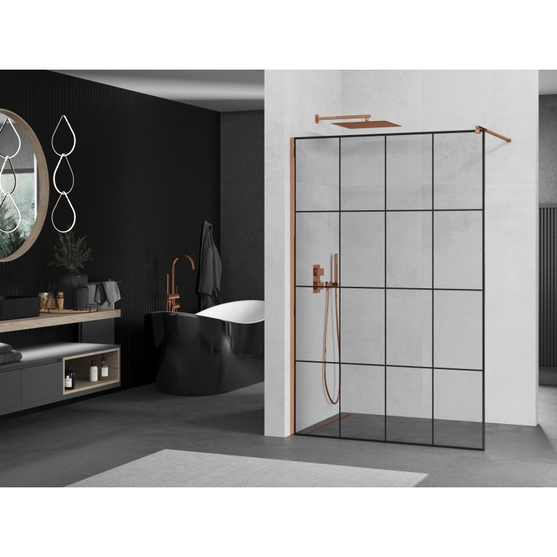 Mexen Kioto Zid tuša Walk-in 130 x 200 cm, crna rešetka 8 mm, roza zlato - 800-130-101-60-77