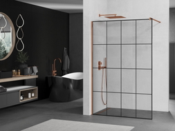 Mexen Kioto ścianka prysznicowa Walk-in 130 x 200 cm, czarna kratka 8 mm, różowe złoto - 800-130-101-60-77