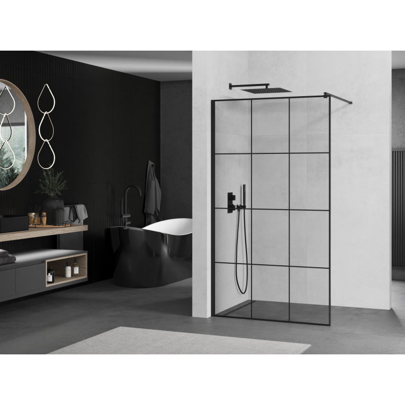 Mexen Kioto pared de ducha Walk-in 110 x 200 cm, cuadrícula negra 8 mm, negro - 800-110-101-70-77