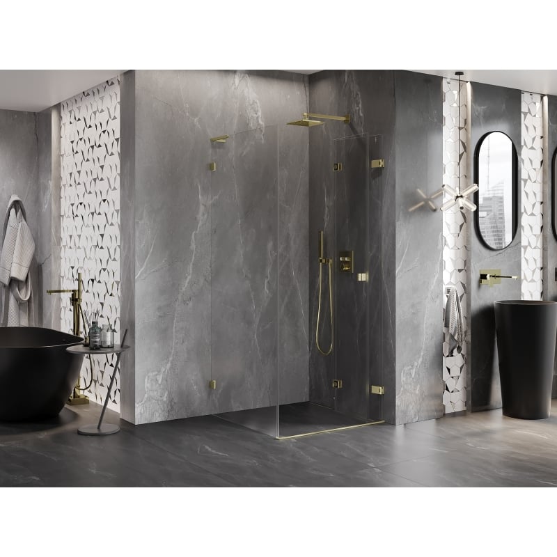 Mexen Lunar-F L kokkupandav dušinurk parempoolne 90 x 90 cm, läbipaistev, harjatud kuld - 836L-090-090-55-00-P