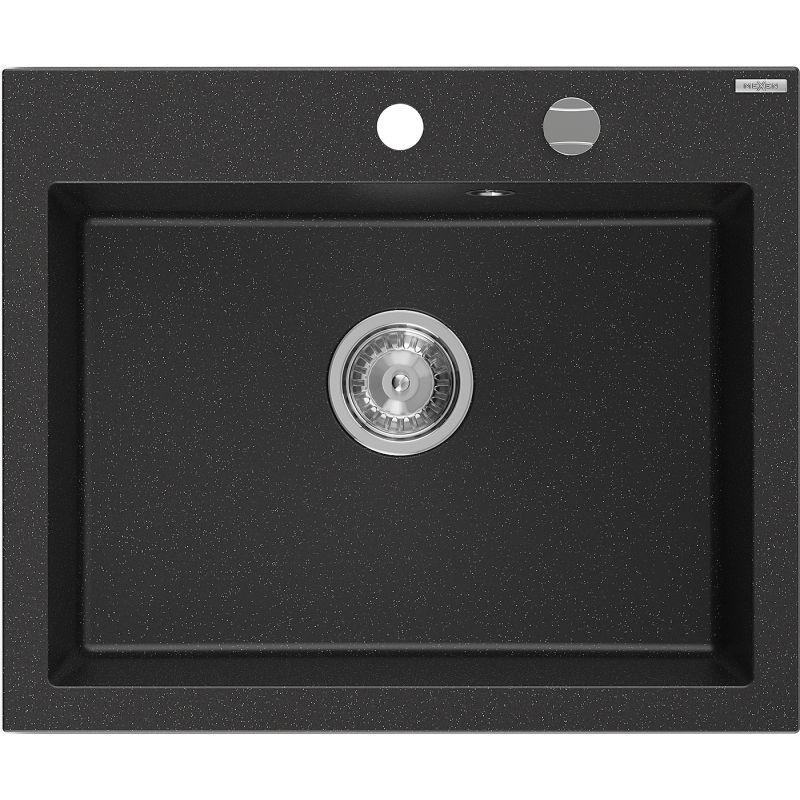 Mexen Elix granite sink 1-bowl 600 x 500 mm, black/silver metallic, chrome siphon - 6525601005-73