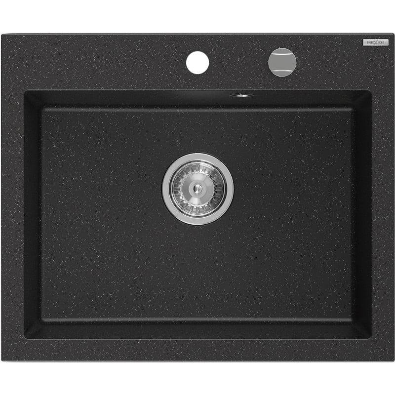 Mexen Elix Granitspüle 1-becken 600 x 500 mm, Schwarz/Silber Metallic, Siphon Chrom - 6525601005-73