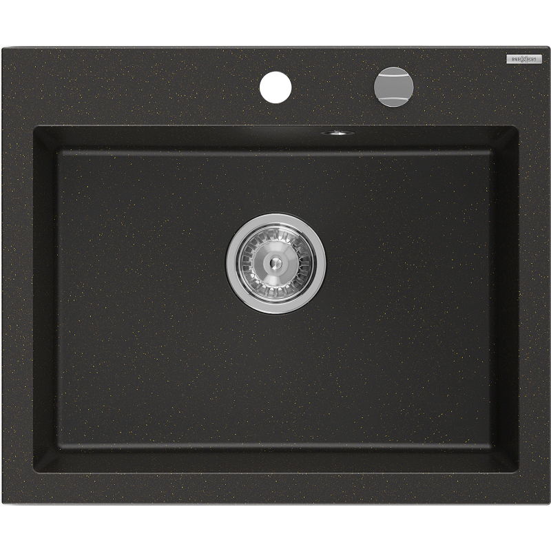 Mexen Elix granieten gootsteen 1-komor 600 x 500 mm, zwart/gouden metallic, chrom sifon - 6525601005-75