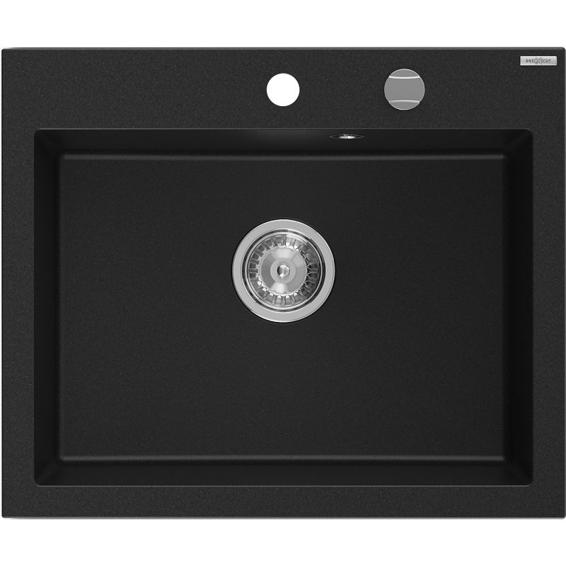 Mexen Elix granieten gootsteen 1-komors 600 x 500 mm, zwart, chroom sifon - 6525601005-77