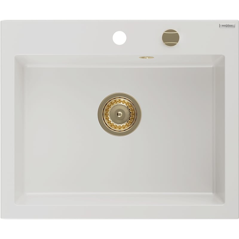 Mexen Elix évier en granit 1-bac 600 x 500 mm, blanc, siphon doré - 6525601005-20-G