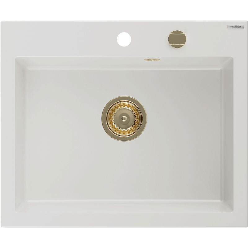 Mexen Elix granieten gootsteen 1-komers 600 x 500 mm, wit, gouden sifon - 6525601005-20-G