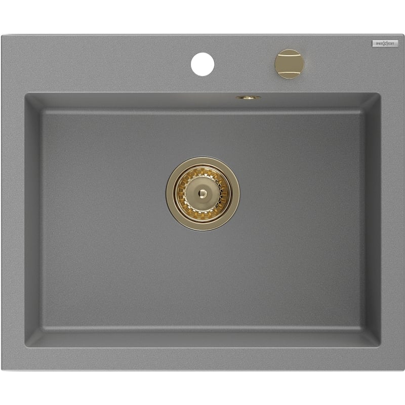 Mexen Elix fregadero de granito de 1 cubeta 600 x 500 mm, gris, sifón dorado - 6525601005-71-G