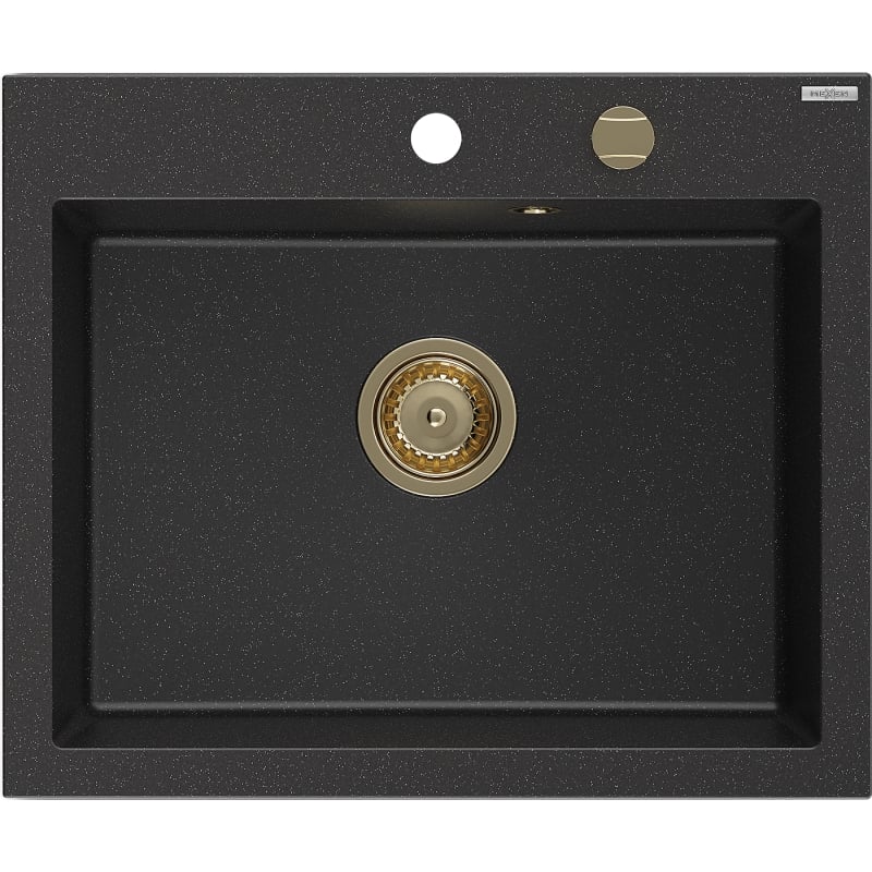 Mexen Elix Granitspüle 1-beckig 600 x 500 mm, schwarz/silber Metallic, Siphon gold - 6525601005-73-G