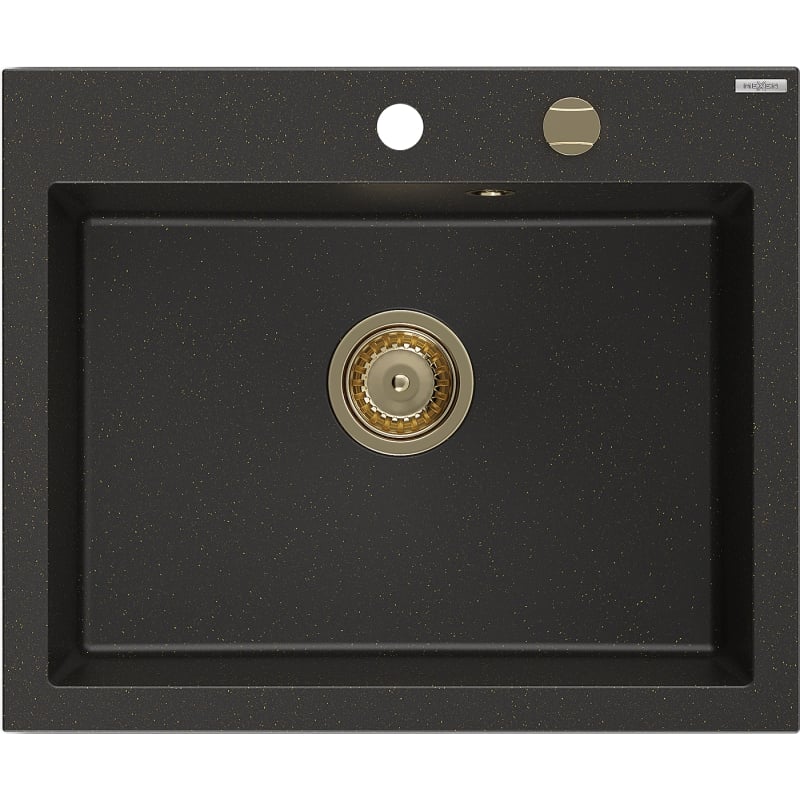 Mexen Elix graniittinen 1-allas keittiöallas 600 x 500 mm, musta/kultametallic, kultainen siirtoventtiili - 6525601005-75-G