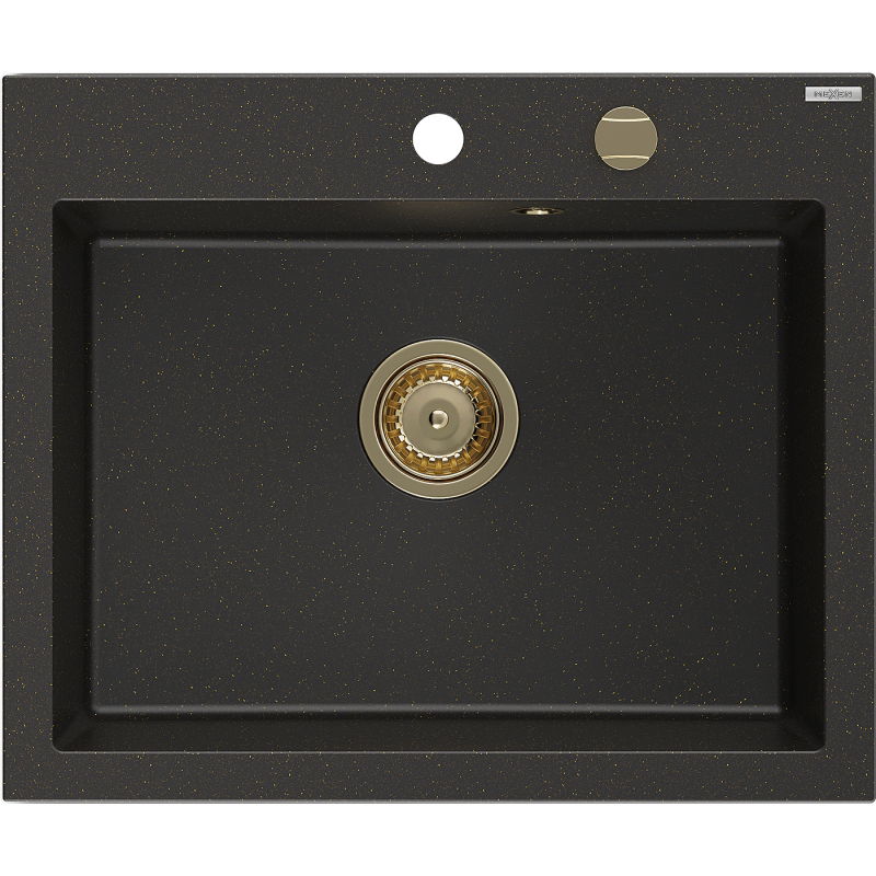 Mexen Elix lavello in granito a 1 vasca 600 x 500 mm, nero/metallico oro, sifone oro - 6525601005-75-G