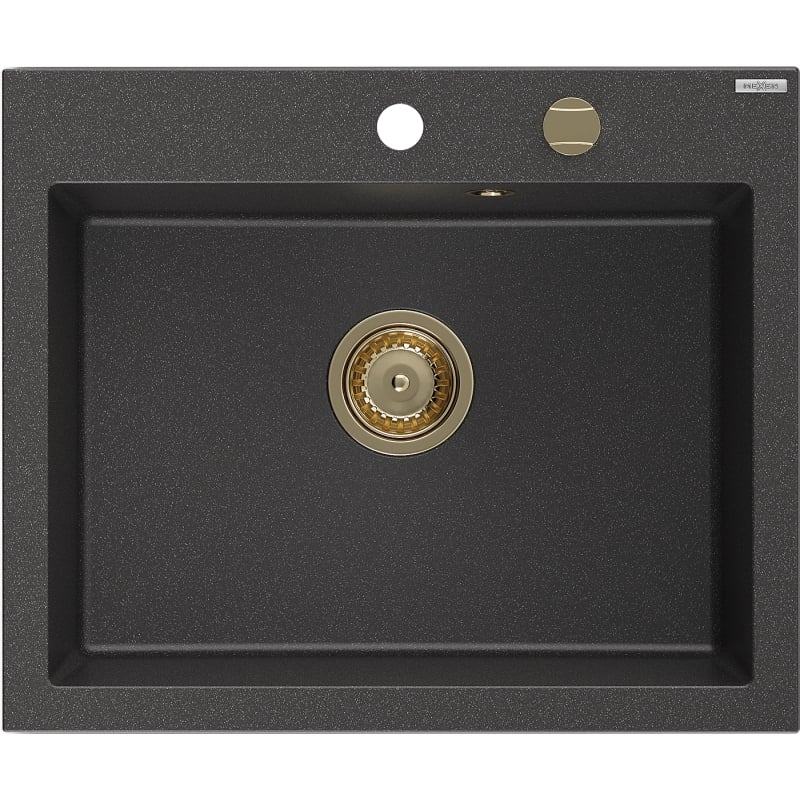 Mexen Elix Granitspüle 1-Kammer 600 x 500 mm, schwarz gesprenkelt, goldener Siphon - 6525601005-76-G