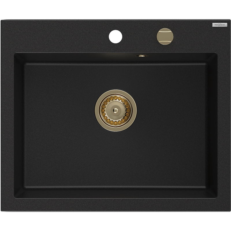 Mexen Elix fregadero de granito de 1 cubeta 600 x 500 mm, negro, sifón dorado - 6525601005-77-G