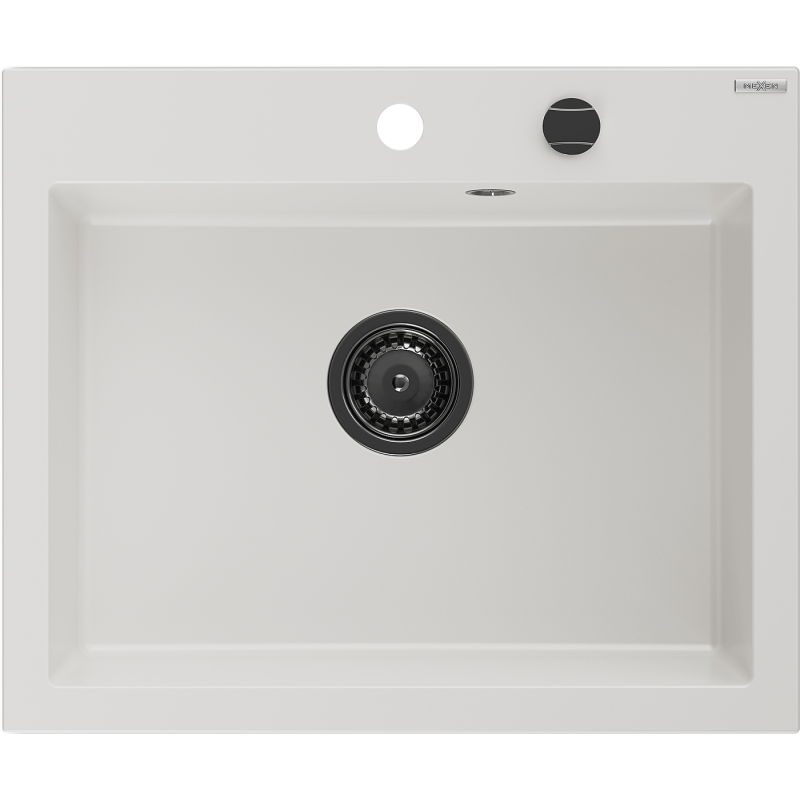 Mexen Elix lavello da cucina in granito a 1 vasca 600 x 500 mm, bianco, sifone nero - 6525601005-20-B