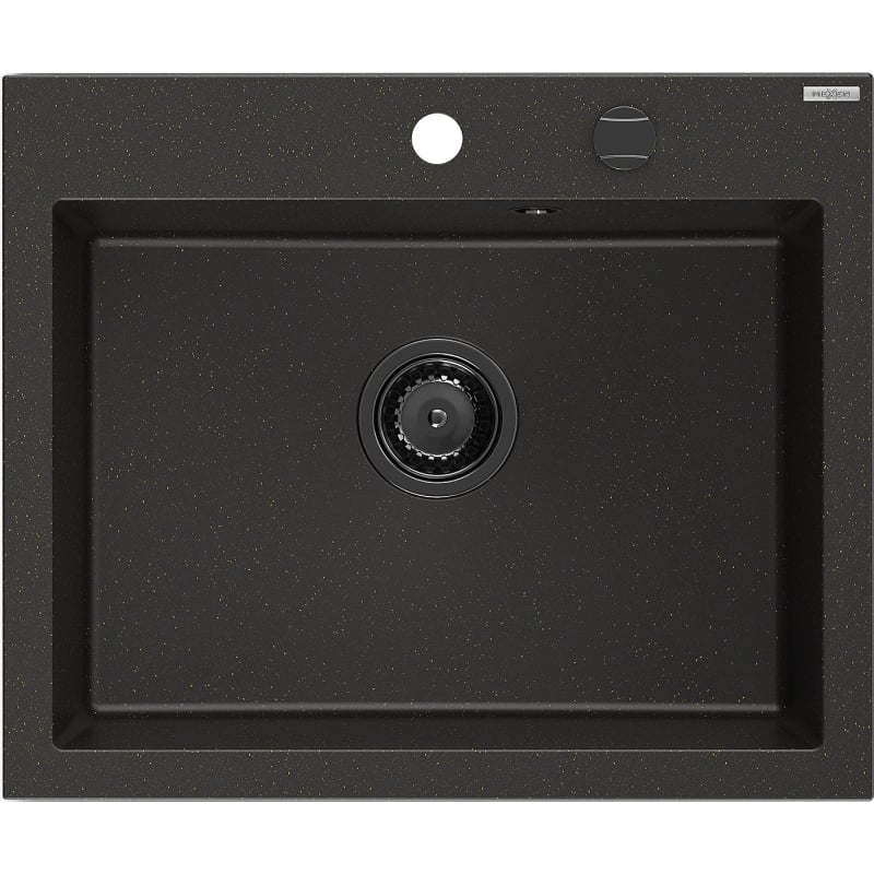 Mexen Elix fregadero de granito de 1 cubeta 600 x 500 mm, negro/dorado metálico, sifón negro - 6525601005-75-B