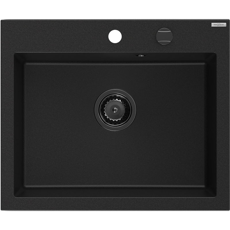 Mexen Elix granieten gootsteen 1-komors 600 x 500 mm, zwart, zwarte sifon - 6525601005-77-B