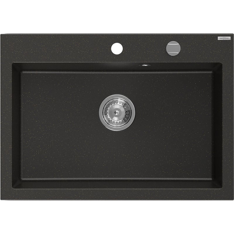 Mexen Elix fregadero de granito de 1 tazón 700 x 500 mm, negro/dorado metálico, sifón cromado - 6526701005-75