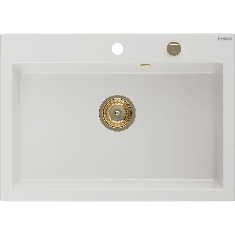 Mexen Elix fregadero de granito de 1 seno 700 x 500 mm, blanco, sifón dorado - 6526701005-20-G