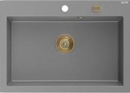 Mexen Elix granieten gootsteen 1-komorig 700 x 500 mm, grijs, gouden sifon - 6526701005-71-G