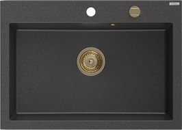 Mexen Elix granieten gootsteen 1-kompartement 700 x 500 mm, zwart gespikkeld, gouden sifon - 6526701005-76-G