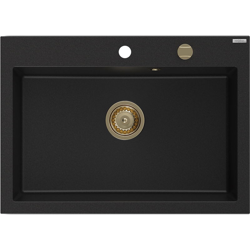 Mexen Elix granieten gootsteen 1-kompartment 700 x 500 mm, zwart, gouden sifon - 6526701005-77-G