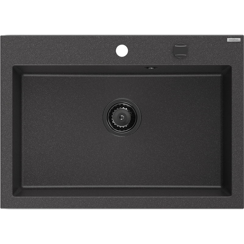 Mexen Elix Granitspüle 1-Becken 700 x 500 mm, schwarz gesprenkelt, schwarzer Siphon - 6526701005-76-B