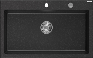 Mexen Elix fregadero de granito de 1 tazón 800 x 500 mm, negro/plateado metálico, sifón cromado - 6527801005-73