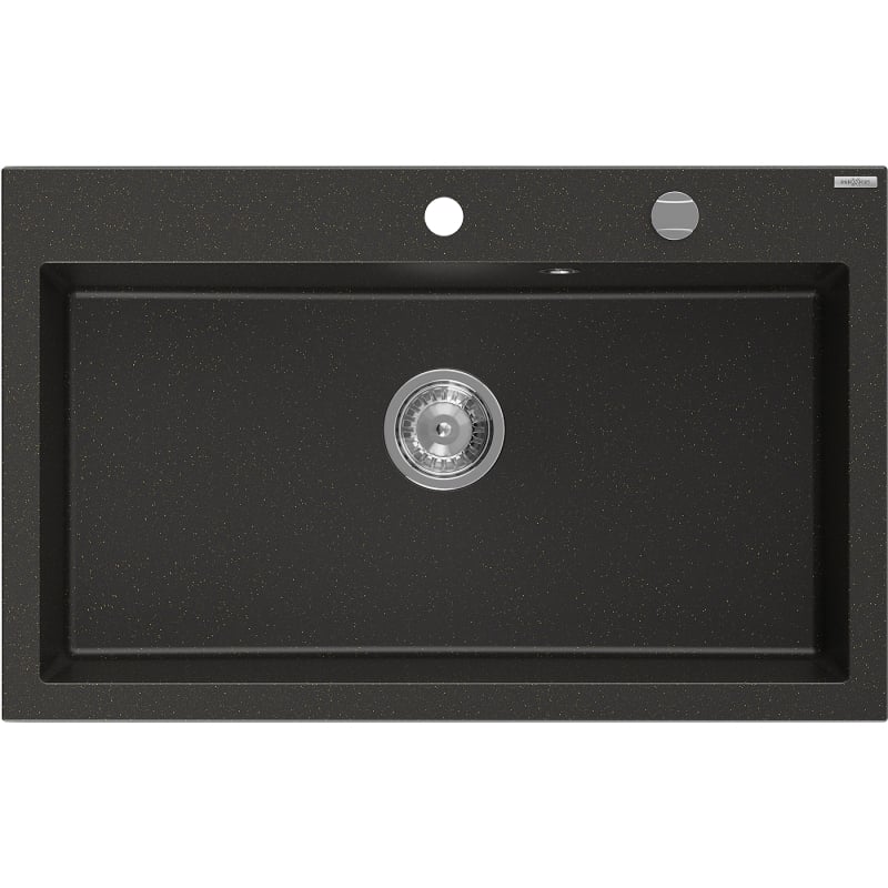 Mexen Elix fregadero de granito de 1 tazón de 800 x 500 mm, negro/dorado metálico, sifón cromado - 6527801005-75