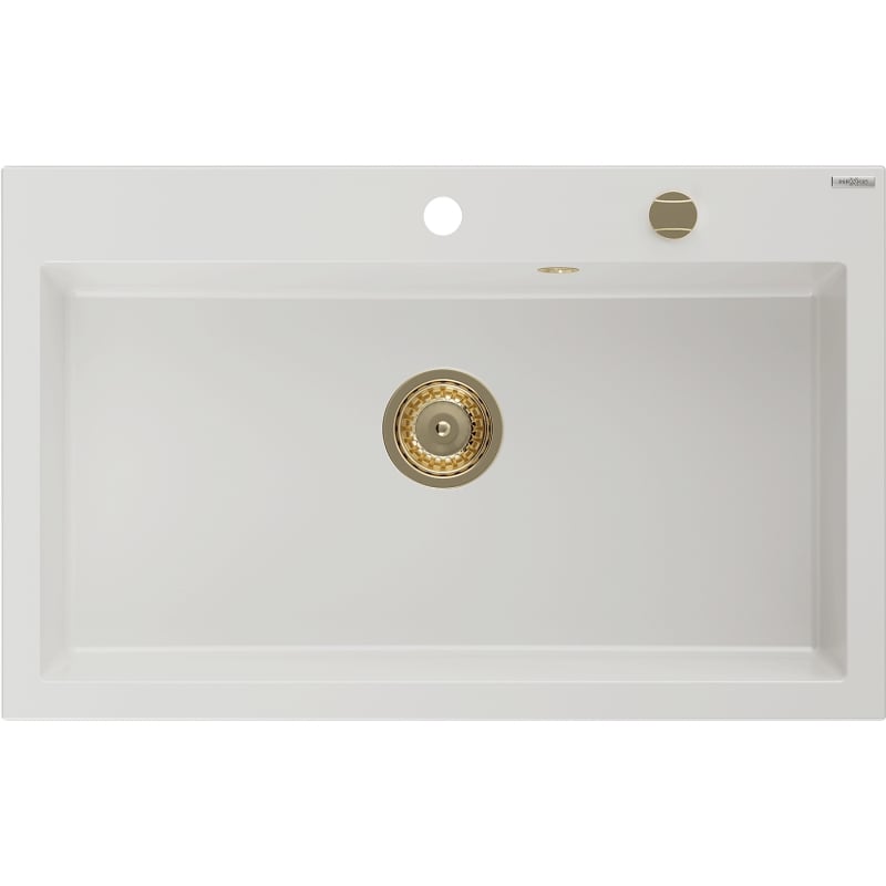 Mexen Elix Granitspüle 1-beckig 800 x 500 mm, weiß, goldener Siphon - 6527801005-20-G