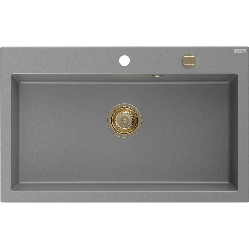 Mexen Elix granieten spoelbak 1-komer 800 x 500 mm, grijs, gouden sifon - 6527801005-71-G