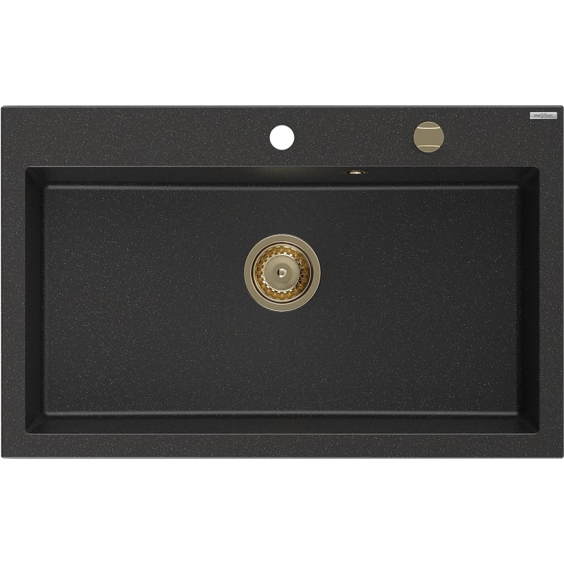 Mexen Elix granitni sudoper s jednom komorom 800 x 500 mm, crni/srebrni metalik, sifon zlatni - 6527801005-73-G