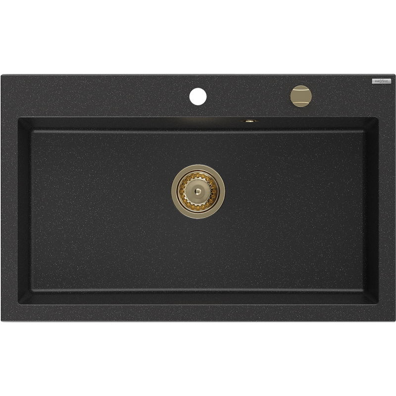 Mexen Elix Granitspüle, 1-Becken, 800 x 500 mm, schwarz/silber metallic, Goldsiphon - 6527801005-73-G