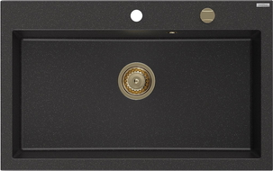 Mexen Elix granieten gootsteen 1-komor 800 x 500 mm, zwart/zilver metallic, gouden sifon - 6527801005-73-G