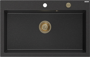 Mexen Elix granieten spoelbak met 1 bak, 800 x 500 mm, zwart/zilver metallic, gouden sifon - 6527801005-73-G