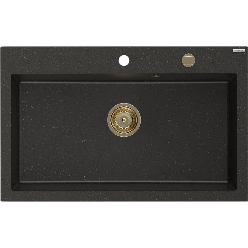 Mexen Elix fregadero de granito de 1 cubeta 800 x 500 mm, negro/dorado metálico, sifón dorado - 6527801005-75-G