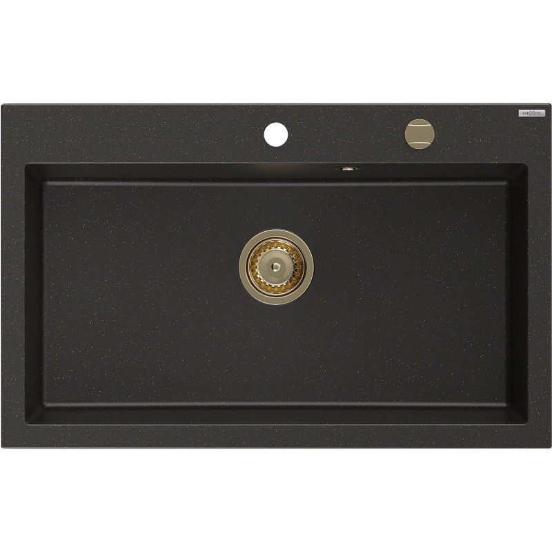 Mexen Elix granieten spoelbak 1-kamer 800 x 500 mm, zwart/goud metallic, gouden sifon - 6527801005-75-G