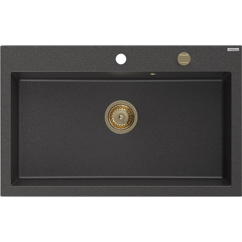 Mexen Elix fregadero de granito de 1 cubeta 800 x 500 mm, negro moteado, sifón dorado - 6527801005-76-G