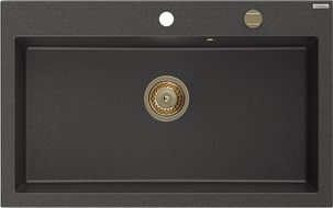 Mexen Elix granieten gootsteen 1-kamer 800 x 500 mm, zwart gespikkeld, gouden sifon - 6527801005-76-G