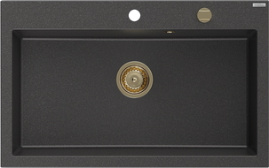 Mexen Elix granieten gootsteen 1-komerig 800 x 500 mm, zwart gespikkeld, gouden sifon - 6527801005-76-G