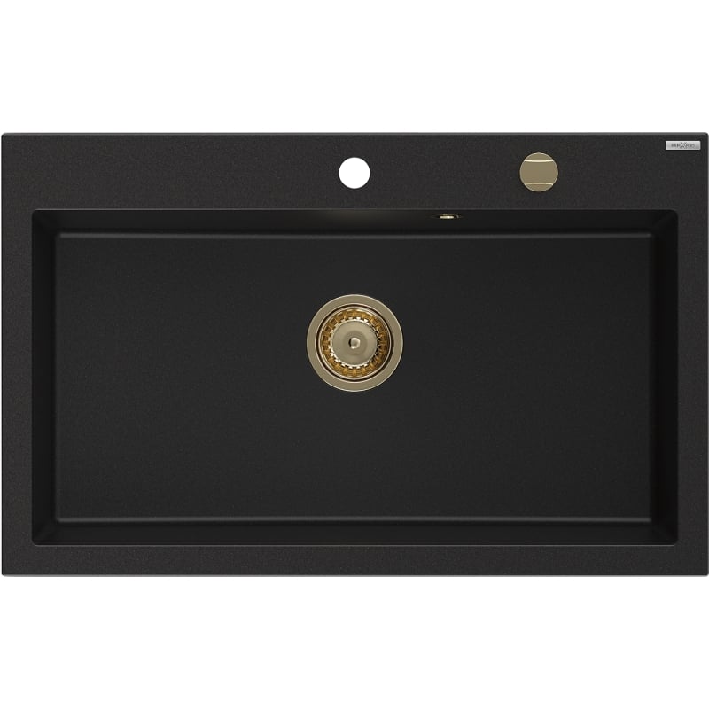Mexen Elix fregadero de granito de 1 seno 800 x 500 mm, negro, sifón dorado - 6527801005-77-G
