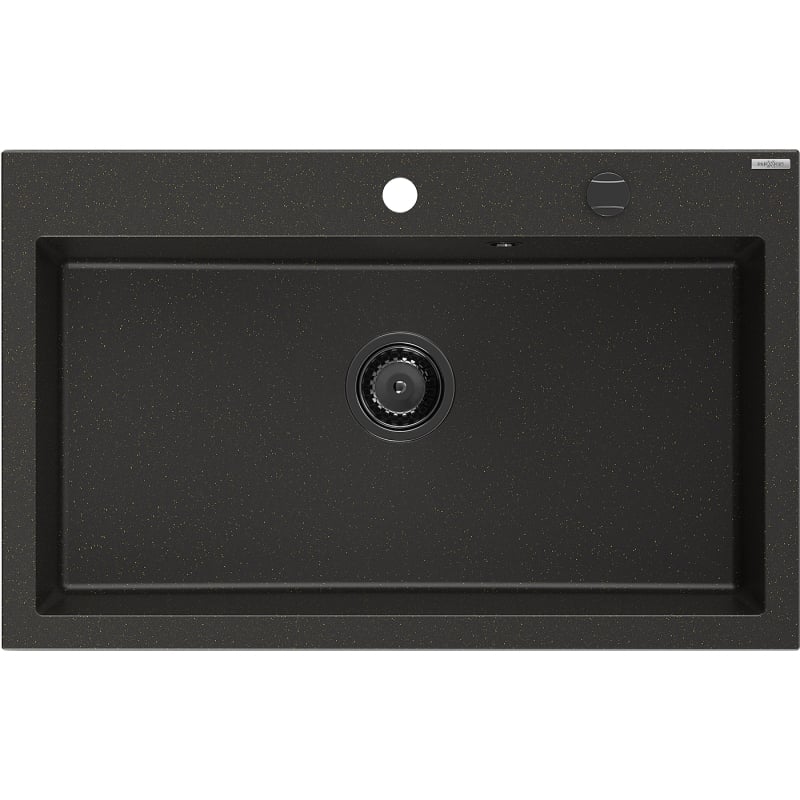 Mexen Elix fregadero de granito de 1 cámara 800 x 500 mm, negro/dorado metálico, sifón negro - 6527801005-75-B