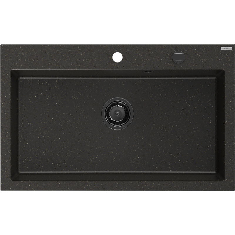 Mexen Elix Granitspüle 1-becken 800 x 500 mm, schwarz/gold metallic, schwarzer Siphon - 6527801005-75-B