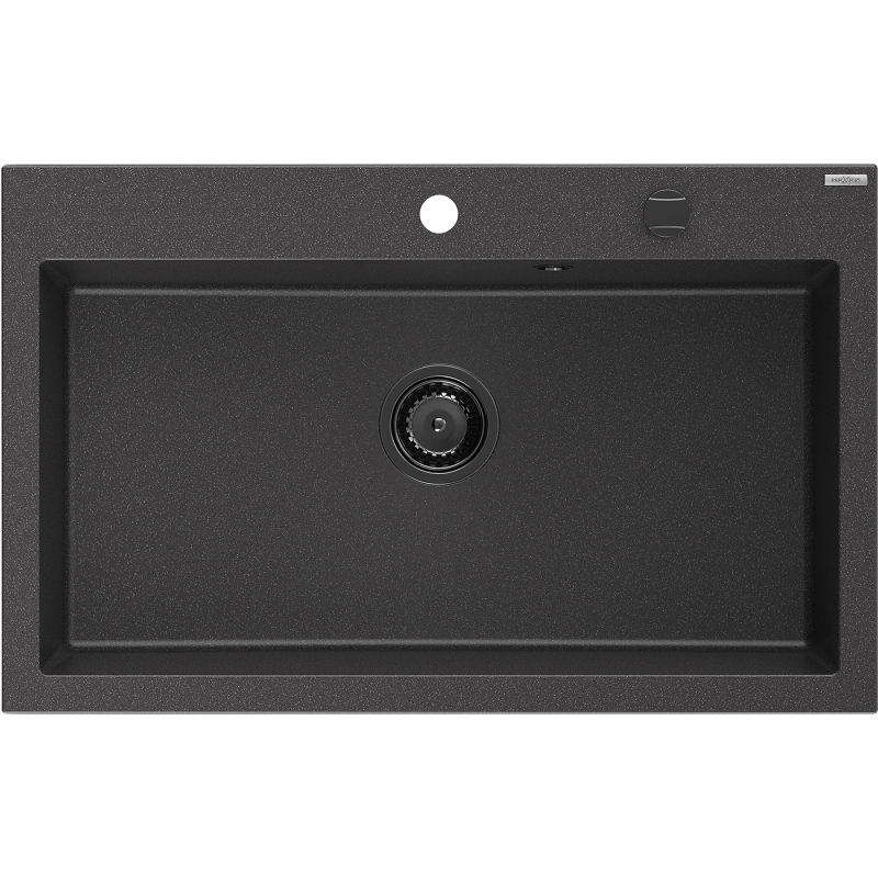 Mexen Elix granitā izlietne ar vienu nodalījumu 800 x 500 mm, melna ar plankumiem, melns sifons - 6527801005-76-B