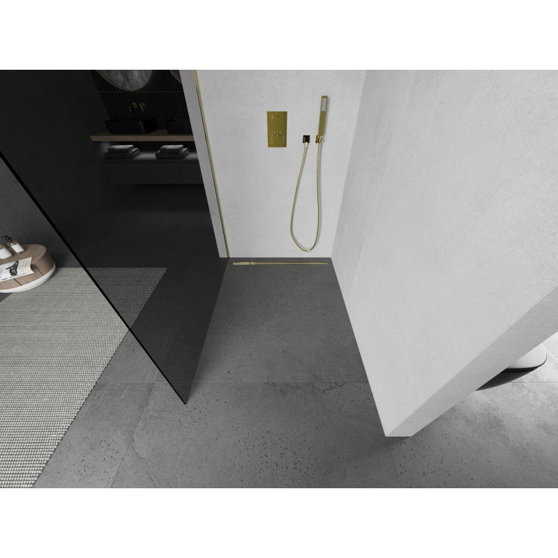 Mexen Kioto Walk-in Duschwand 130 x 200 cm, Grafit 8 mm, Gold - 800-130-101-50-40