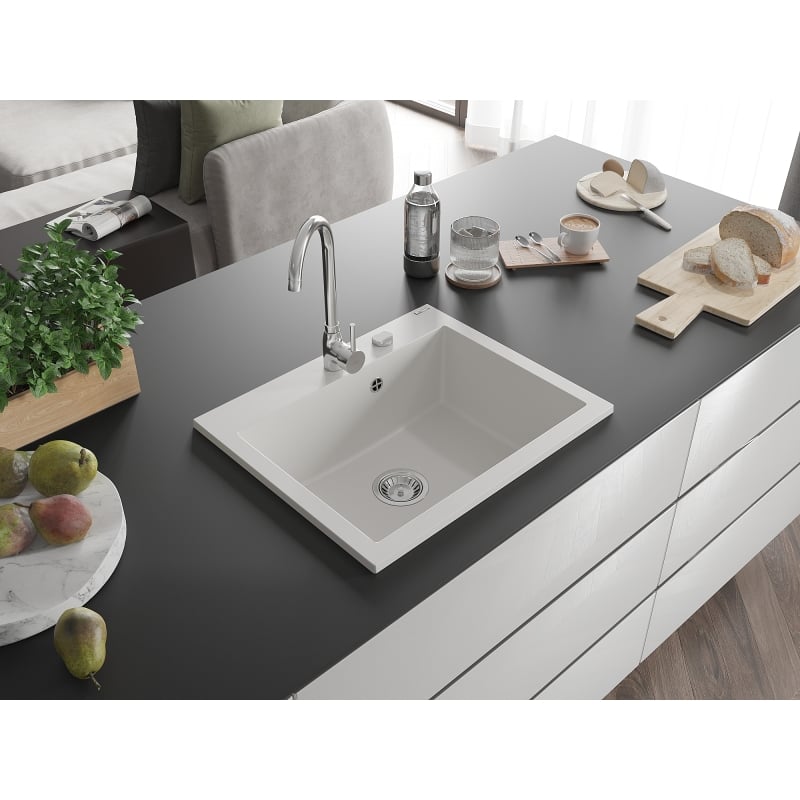 Mexen Elix granitni sudoper s jednom komorom 600 x 500 mm, bijeli, kromirani sifon - 6525601005-20