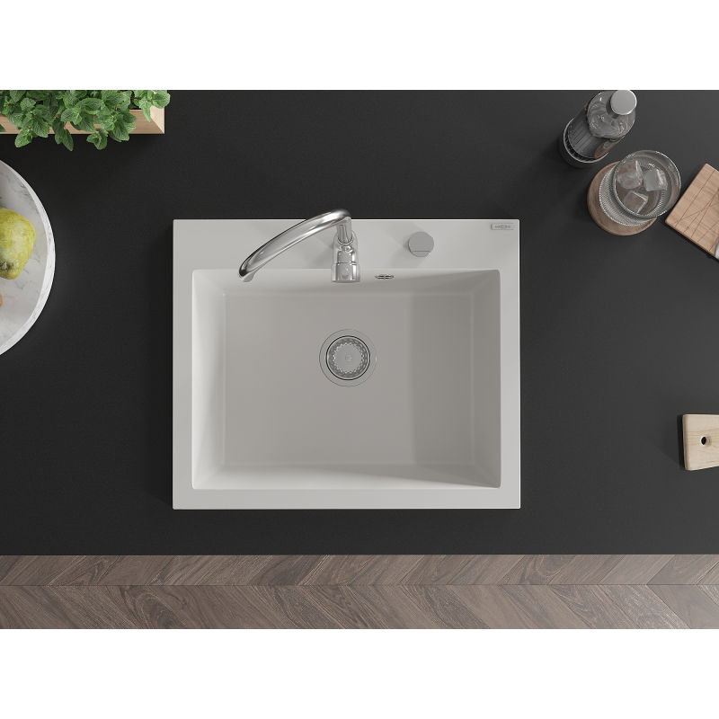 Mexen Elix lavello in granito 1-vasca 600 x 500 mm, bianco, sifone cromato - 6525601005-20