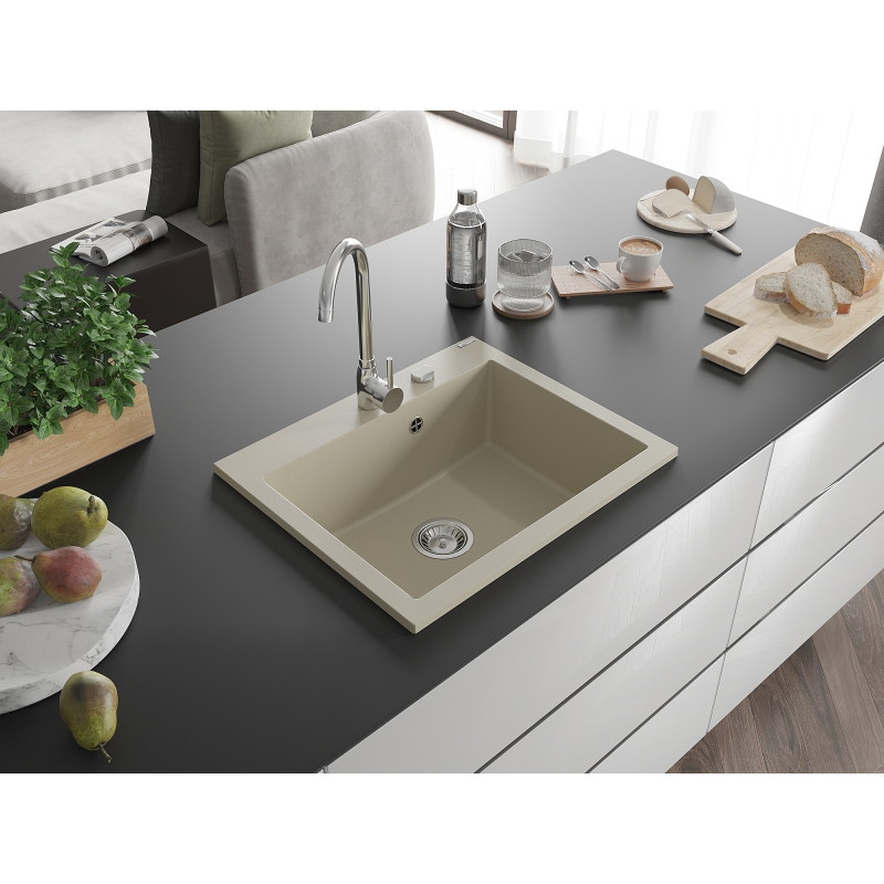 Mexen Elix graniidist köögivalamu, 1-kauseline, mõõdud 600 x 500 mm, beež, kroom sifoon - 6525601005-69