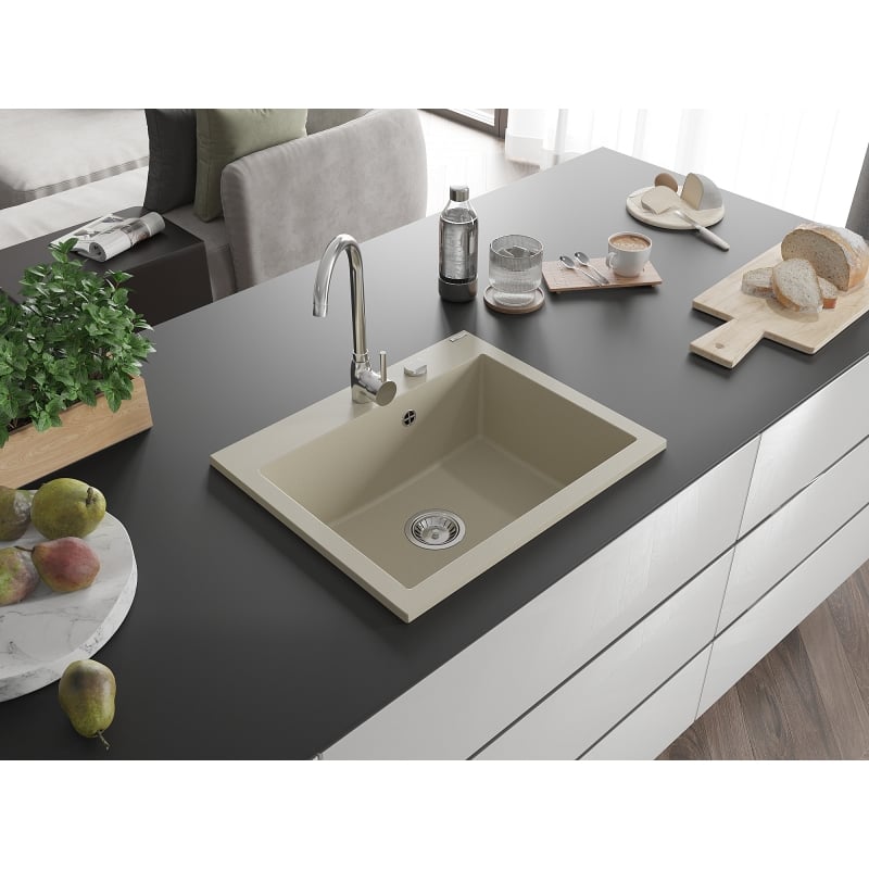 Mexen Elix zlewozmywak granitowy 1-komorowy 600 x 500 mm, beżowy, syfon chrom - 6525601005-69
